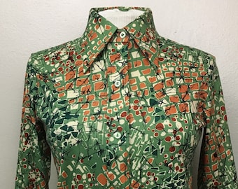 Vintage 1960s Blouse SEARS Abstract Mod Top Shirt Butterfly Collar green blue orange red ivory button up Size M DecadenceFashion womenswear