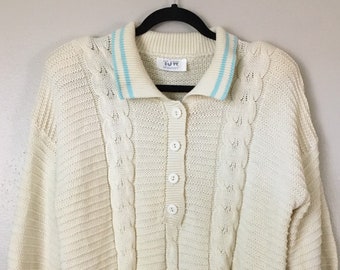 Vintage 1980s Sweater Cotton Pullover Preppy Henley Sporty Oversized Ivory Cable Knit Long Sleeve Shoulder Pad M/L Decadencefashion Womens