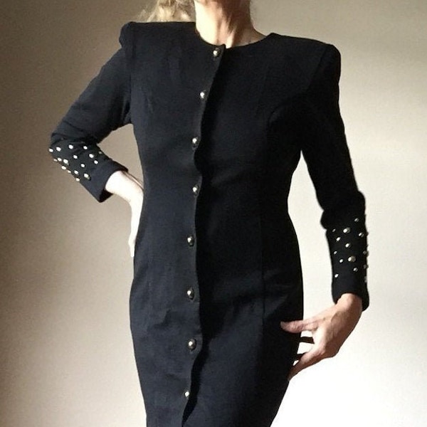 Vintage 1980s Dress Glam Rock Statement Sheri Martin Petites Black Studded Dome Button Up size S/M DecadenceFashion Womens winter