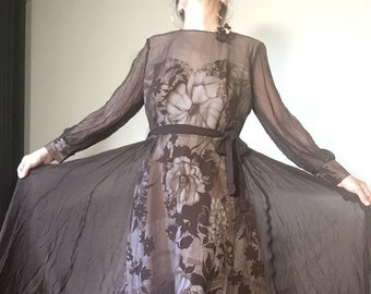 Vintage Dress 1950s Formal Gown Glam Evening Gala Floral Sheer Double Layer Full Length Fit & Flare Party Sz M/L Decadencefashion Womenswear