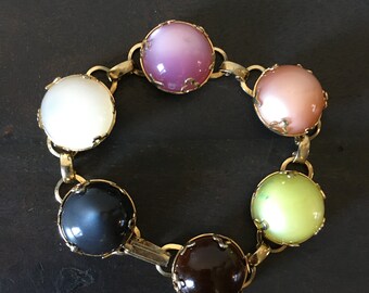 Vintage 60s/70s Bracelet Glass Moonstone Multicolor Cabochon Bezel Gold Tone Metal Snap Lock Clasp Decadencefashion Accessory