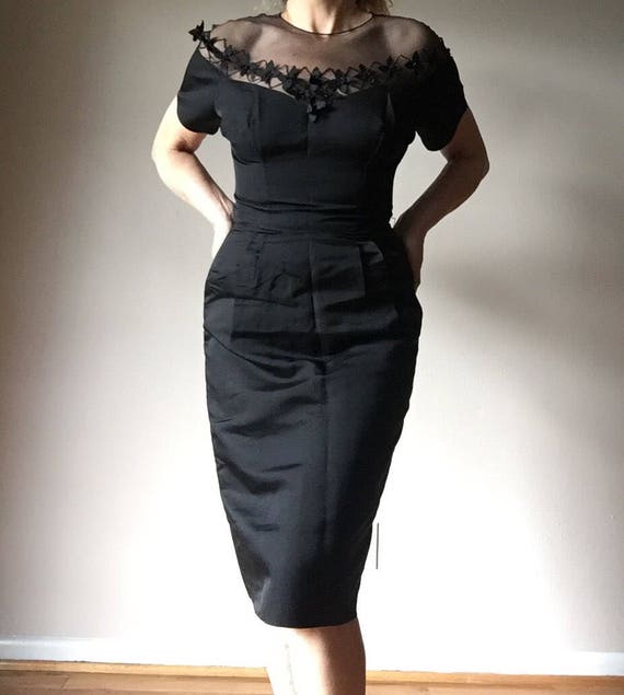 Vintage 1960s Dress Black Cotton Sheen Cocktail E… - image 1