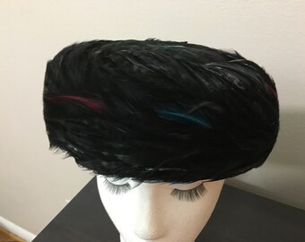 Vintage 50s/60s Feather Pill Box Hat The Topper Shop RARE Seattle Hat Makers Glam Posh Head Accessory Decadencefashion Womenswear
