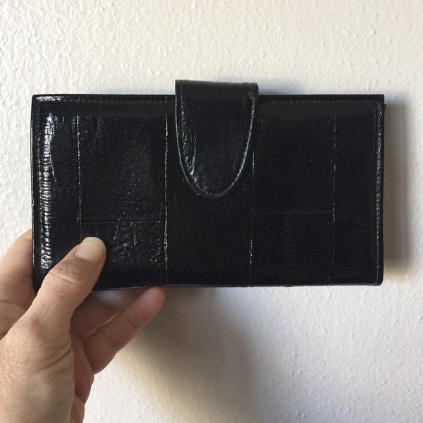 vintage 1980s Coin Wallet Eel Skin Leather Black Coin Purse Billfold Large Clutch Wallet Handbag Accessory Mod Urban Hip