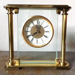 Vintage 1980s Gumps Postmodern Art Deco Column Alarm Clock Floating Glass Roman Numeral