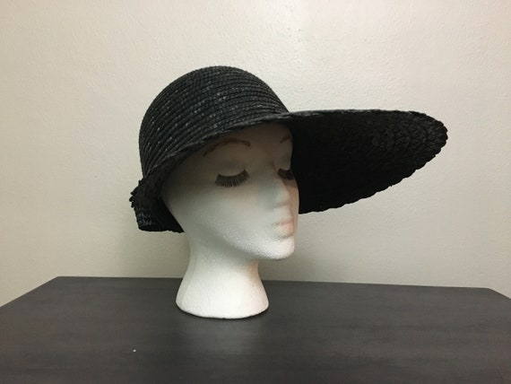 Vintage 1960s Sun Hat Black Wide Brim Straw Mod Summer Black 