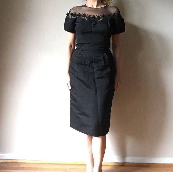 Vintage 1960s Dress Black Cotton Sheen Cocktail E… - image 4