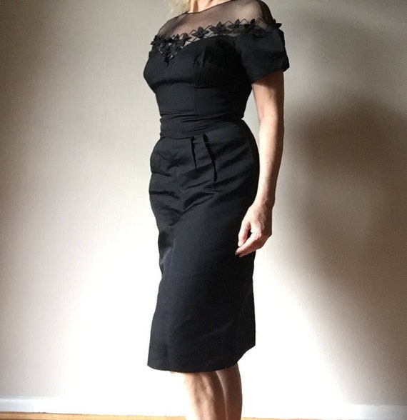Vintage 1960s Dress Black Cotton Sheen Cocktail E… - image 3