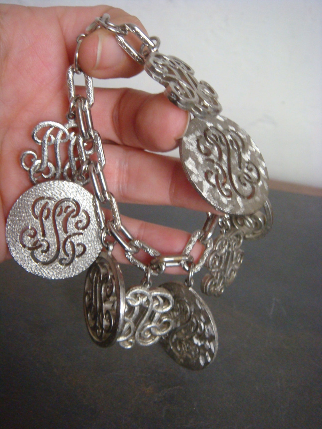 Vintage 1970s Bracelet Monogram Charm Signature Chunky Silver Pendant Multi Charm Statement Jewelry, decadencefashion Accessories