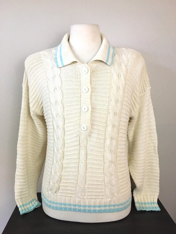 Vintage 1980s Sweater Cotton Pullover Preppy Henley Sporty Oversized Ivory Cable Knit Size L Decadencefashion Womens