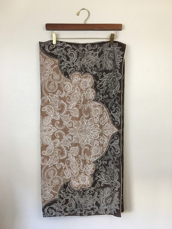 Vintage Kimball Silk Scarf, Baroque Floral Print, Chocolate Mocha Browns