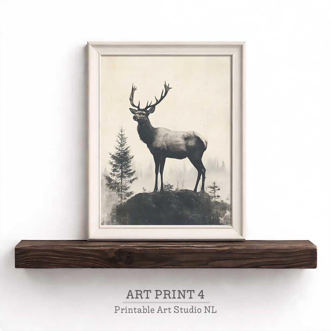 Vintage Deer Wall Art Printable | Moody Woodland Stag | Neutral ...