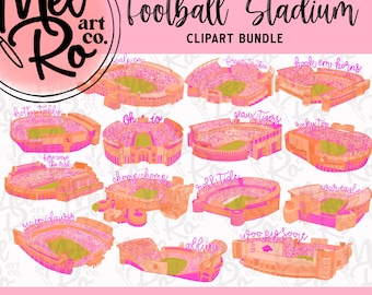 Puede incluir: Un paquete de imágenes prediseñadas digitales con catorce ilustraciones de estadios de fútbol en tonos rosa y naranja. Cada estadio incluye texto escrito a mano como Hook Em Horns, Hotty Toddy, Geaux Tigers, Rocky Top y Roll Tide.
