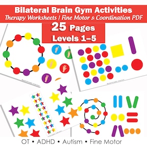 Folhas de exercícios de coordenação motora fina para TDAH – Atividades bilaterais de ginástica cerebral (PDF)