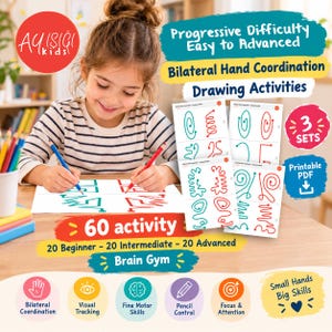 May include: A set of 60 printable PDF bilateral hand coordination drawing activities featuring 20 beginner, 20 intermediate, and 20 advanced levels. The worksheets include various line patterns for tracing, designed to improve fine motor skills, visual tracking, and pencil control. The materials are organized into three sets, labeled as Brain Gym, and include text such as Progressive Difficulty Easy to Advanced and Small Hands Big Skills.