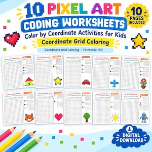 Pode incluir: Dez folhas de exercícios de codificação em pixel art com atividades de colorir em grade de coordenadas. Cada página inclui uma grade, uma chave de código de cores e uma imagem pixelizada como casa, estrela, carro, avião, flor, gato, coração, árvore, sol e robô.