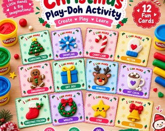 May include: A set of 12 Christmas Play-Doh activity cards featuring colorful clay designs of a tree, snowflake, candy cane, mitten, gingerbread man, gift box, reindeer, hot cocoa, stocking, wreath, star, and bell, with text labels.