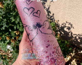 READY TO SHIP Mouse Couple inspired custom pink glittered sublimation tumbler