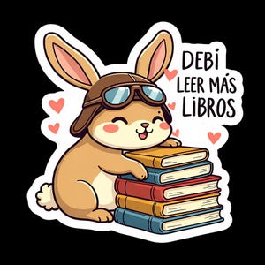 May include: A sticker featuring a cartoon bunny wearing a brown aviator helmet and goggles, smiling and hugging a stack of colorful books. The text "DEBI LEER MÁS LIBROS" is displayed on the right, with small pink hearts scattered around.