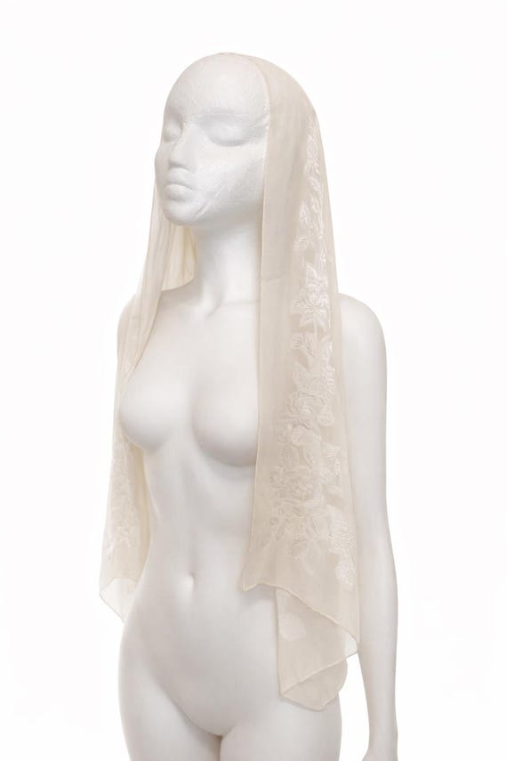 Vintage Embroidered Silk Bridal Scarf | Ivory Floral Wedding Veil