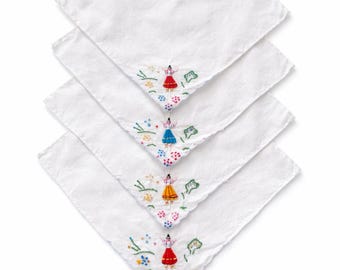 Vintage Hand bestickt Folklore Tänzerin Taschentücher Set | Ungarische / Slowakische Volkskunst | Mitteleuropäisches Textil