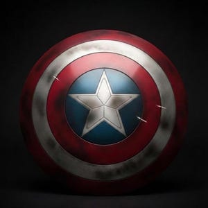 May include: A round shield with a red, white, and blue color scheme. The shield features a large white star in the center, set against a blue background. The outer ring is red, with a silver band and a silver ring around the star.
