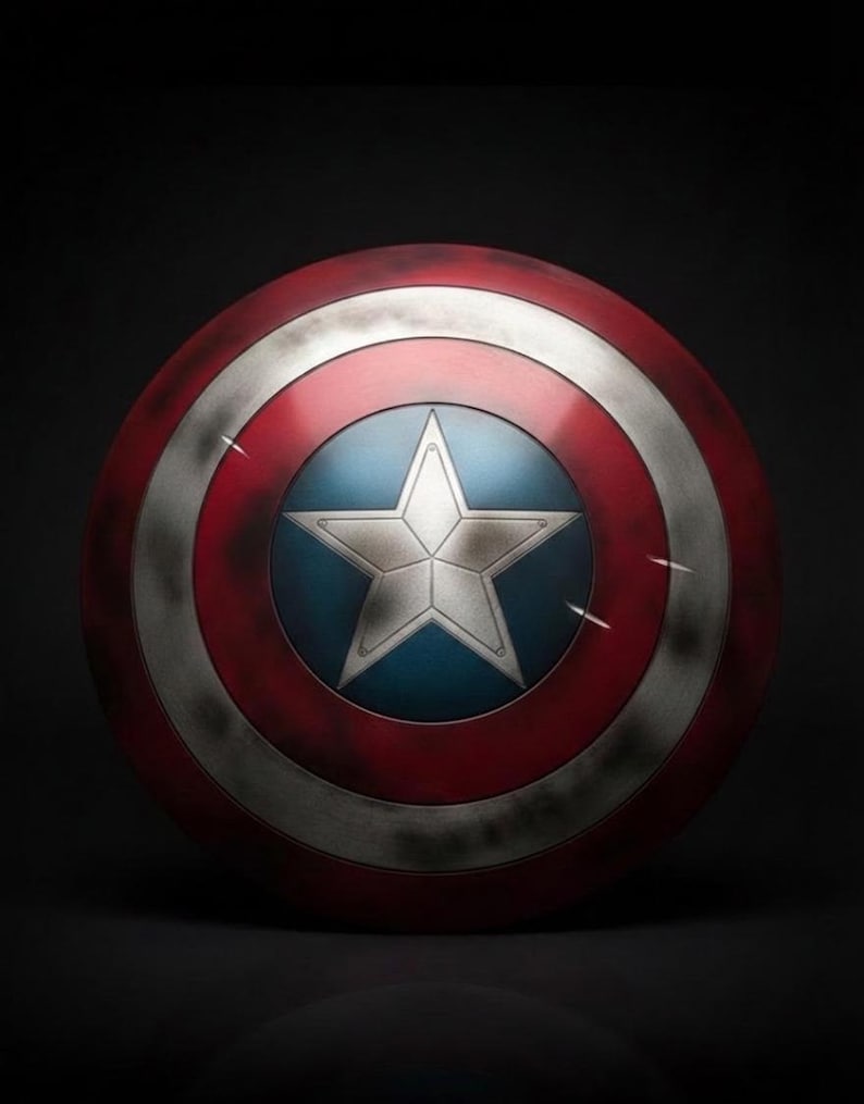 May include: A round shield with a red, white, and blue color scheme. The shield features a large white star in the center, set against a blue background. The outer ring is red, with a silver band and a silver ring around the star.