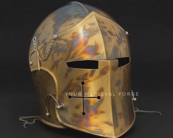 Handmade Heat Blued Barbuta Helmet | Wearable Steel Medieval Knight Costume