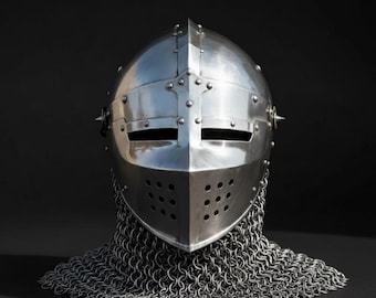 Medieval Gothic Chainmail Helmet | Handmade Steel Knight Close Helmet | Wearable Armor Cosplay Reenactment Display