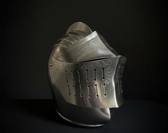 Hand Engraved Medieval Knight Steel Helmet | Gothic Visored Armor