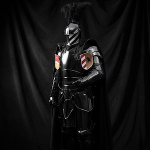 May include: A full suit of black medieval armor with a feathered helmet. The armor has a polished finish and includes a cape. Two heraldic shields are attached to the shoulders. The background is a dark, draped fabric.