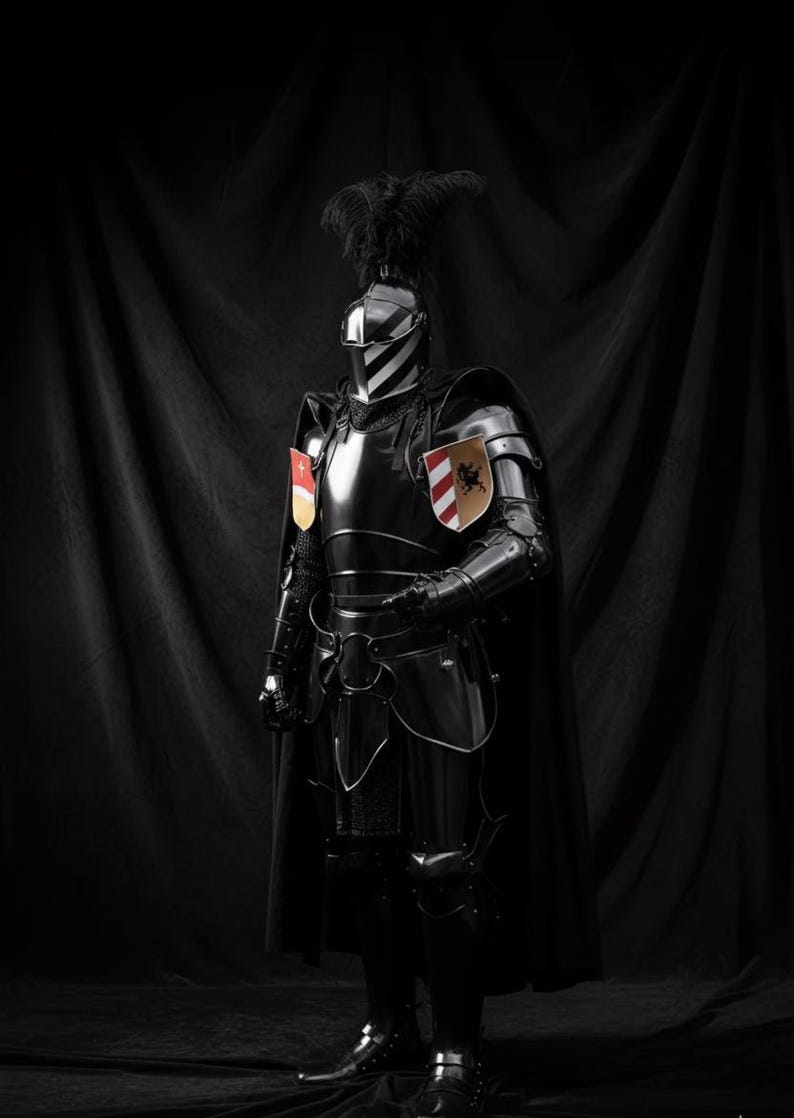 May include: A full suit of black medieval armor with a feathered helmet. The armor has a polished finish and includes a cape. Two heraldic shields are attached to the shoulders. The background is a dark, draped fabric.