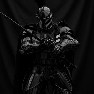 May include: A black and white image of a knight in full armor, holding a sword. The armor is highly polished, reflecting the light. A plume of feathers adorns the helmet. The knight is posed in a strong, confident stance.