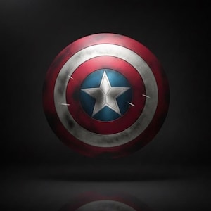 May include: A Captain America shield, featuring a red, white, and blue color scheme. The shield has a central blue circle with a white star, surrounded by white and red concentric rings. The shield appears aged with distressed details.