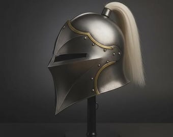 Stalen middeleeuwse ridderhelm met vizier en pluim | Renaissance-pantser