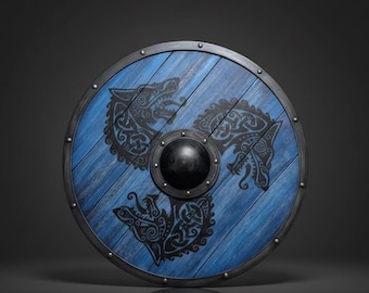 Escudo vikingo hecho a mano / Lobo gemelo de madera azul, LARP Cosplay Medieval