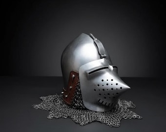 Medieval Bascinet Helmet with Houndskull Visor & Chainmail Aventail | 14th Century Knight Armor | Reenactment Helmet