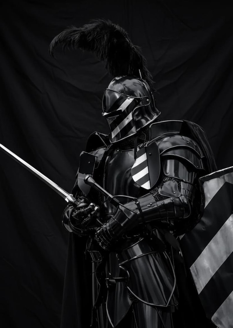 May include: A full suit of black armor with white stripes on the helmet and shield. The knight holds a sword in both hands, with a black cape and a feathered plume on the helmet. The armor is highly reflective.