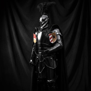 May include: A full suit of black medieval armor, including a helmet with a striped visor and a plume of feathers. The armor has shoulder pauldrons, gauntlets, and a cape. Two heraldic shields are attached to the armor.