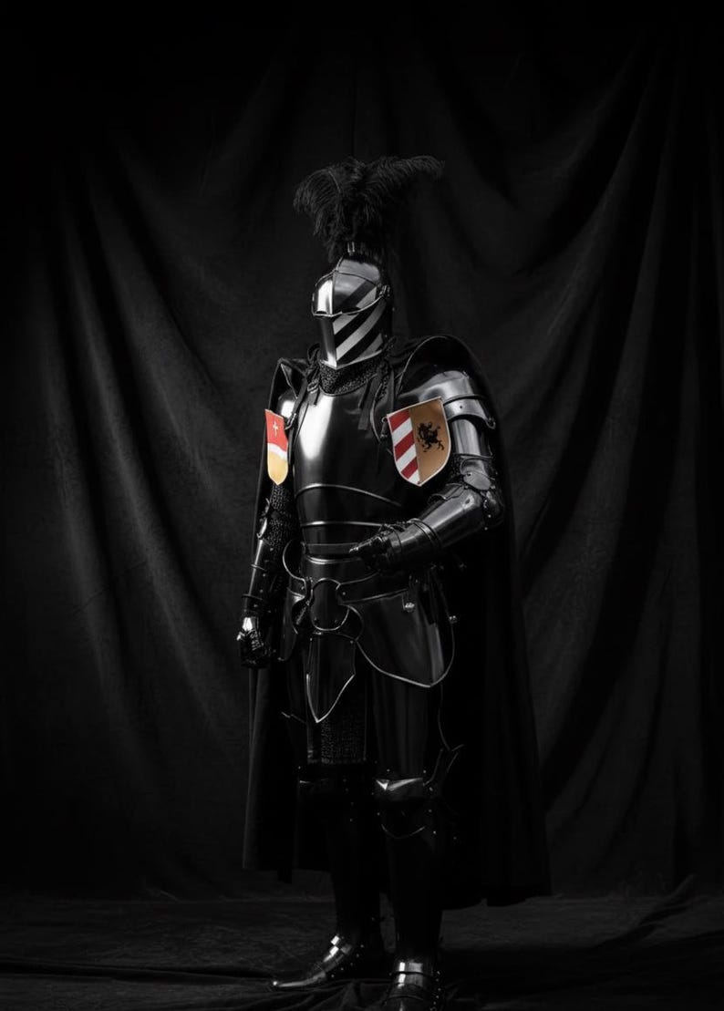 May include: A full suit of black medieval armor, including a helmet with a striped visor and a plume of feathers. The armor has shoulder pauldrons, gauntlets, and a cape. Two heraldic shields are attached to the armor.