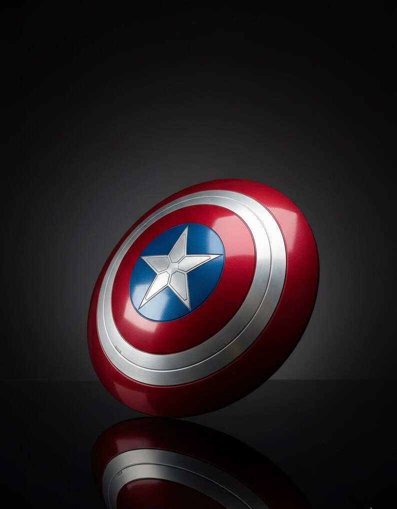 Puede incluir: Un escudo del Capit&aacute;n Am&eacute;rica rojo, blanco y azul. El escudo tiene un dise&ntilde;o circular con una estrella blanca sobre un c&iacute;rculo azul en el centro, rodeado de anillos conc&eacute;ntricos blancos y plateados. El escudo est&aacute; ligeramente inclinado, con su reflejo visible.