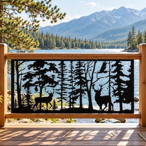 May include: A rectangular black metal panel featuring a laser-cut silhouette design of a forest landscape. The artwork depicts two deer standing among various pine and deciduous trees, with a bird in flight visible in the upper right section.