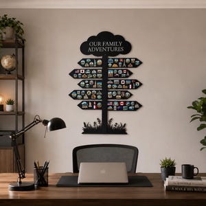 Può includere: Un cartello da parete nero con il testo "OUR FAMILY ADVENTURES" in una parte superiore a forma di nuvola, con quattro pannelli orizzontali a forma di freccia sottostanti. Ogni freccia è decorata con numerosi piccoli stemmi da viaggio.
