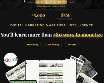 Puede incluir: Un anuncio de curso de marketing digital e inteligencia artificial titulado Auto Bot Cash Academy. El texto indica +5,000 estudiantes, +$3M en ventas y +80 formas de monetizar. El gráfico incluye una computadora portátil, un teléfono móvil y varias tarjetas educativas.