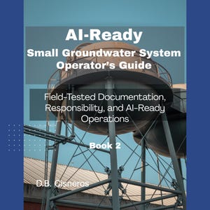 May include: A book cover with the title "AI-Ready Small Groundwater System Operator's Guide." The cover features a water tower against a blue sky. Text on the cover includes "Field-Tested Documentation, Responsibility, and AI-Ready Operations" and "Book 2."