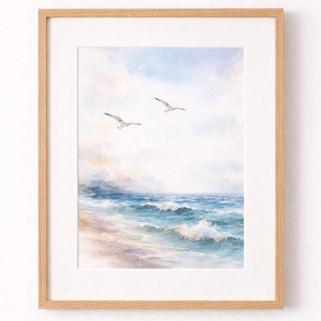 Seagull Watercolor Beach Art Print, Coastal Serene Ocean Scene (digital ...