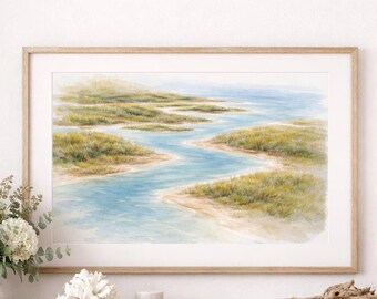 Stillwater Marsh Aquarelldruck - Neutrale Sumpflandschaft, neutrale Küstenwandkunst, digitaler Download