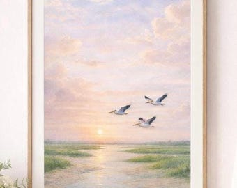 Pelikan Sumpf Aquarell Digitaldruck, Küsten Sonnenaufgang Wandkunst, Neutral Strand Kinderzimmer Kunst, Lowlands Küstendekoration, digitaler Download