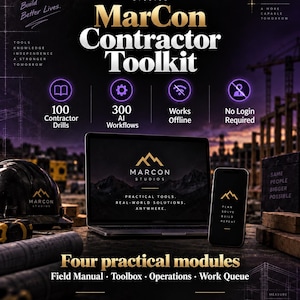 Op de afbeelding: Een digitale marketingafbeelding voor de MarCon Contractor Toolkit met een laptop en smartphone die het MarCon Studios logo tonen. De tekst bevat 100 Contractor Drills, 300 AI Workflows, Works Offline, No Login Required en Four practical modules.
