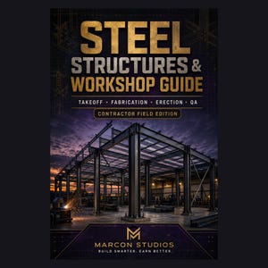 May include: A book cover titled Steel Structures & Workshop Guide, Contractor Field Edition, featuring a dark, industrial scene of a steel frame building under a sunset sky with sparks from welding and the Marcon Studios logo at the bottom.